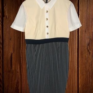 Vintage Vesper Two-Tone Collared Midi Dress in Cream, White & Black